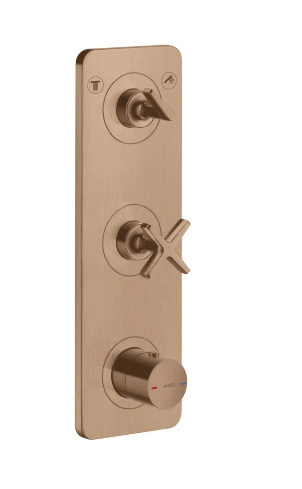 Thermostatmodul von AXOR mit drei Bedienelementen auf einer quadratischen Plplatte in Brushed Red Gold für die Steuerung von zwei Verbrauchern.